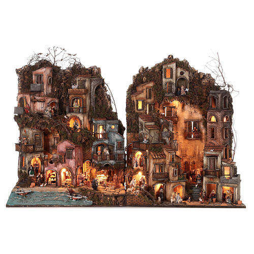 Double Neapolitan Nativity Scene 55x85x140 cm seaside, shops and brook h 8 cm 1