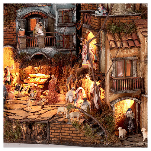 Double Neapolitan Nativity Scene 55x85x140 cm seaside, shops and brook h 8 cm 2