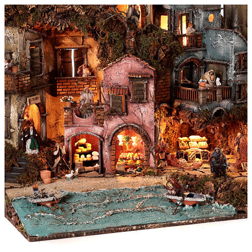 Double Neapolitan Nativity Scene 55x85x140 cm seaside, shops and brook h 8 cm 4