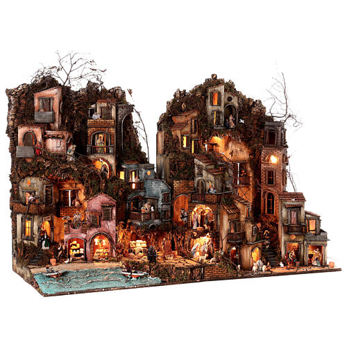 Double Neapolitan Nativity Scene 55x85x140 cm seaside, shops and brook h 8 cm 5