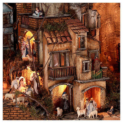 Double Neapolitan Nativity Scene 55x85x140 cm seaside, shops and brook h 8 cm 6