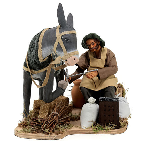 Farrier with donkey, Neapolitan nativity scene 24 cm ANIMATED 1