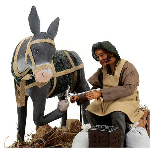 Farrier with donkey, Neapolitan nativity scene 24 cm ANIMATED 2