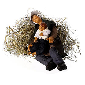 Sleeping man with boy in hay Neapolitan nativity scene 15 cm