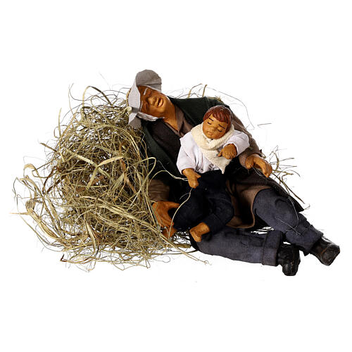 Sleeping man with boy in hay Neapolitan nativity scene 15 cm 1