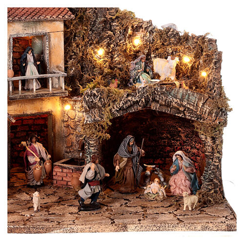 Aldeia Natividade de Jesus com fontanário e luzes para presépio napolitano com figuras altura média 10 cm; 40x56x60 cm 2
