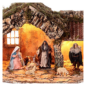 Cabaña Natividad con luces 35x45x25 belén napolitano estatuas 12 cm