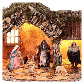 Cabana da Natividade com luzes para presépio napolitano com figuras de altura média 12 cm; 35x45x25 cm