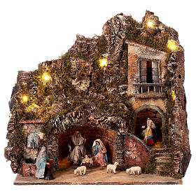 Cenário Natividade presépio napolitano com fontanário e luzes figuras altura média 10 cm; 30x48x40 cm