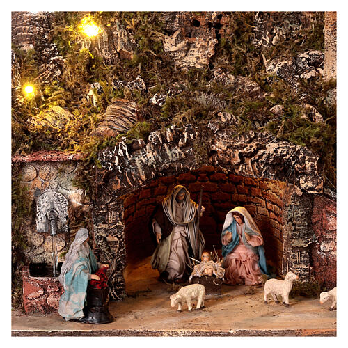 Cenário Natividade presépio napolitano com fontanário e luzes figuras altura média 10 cm; 30x48x40 cm 2