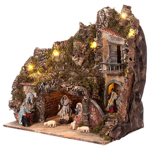 Cenário Natividade presépio napolitano com fontanário e luzes figuras altura média 10 cm; 30x48x40 cm 3