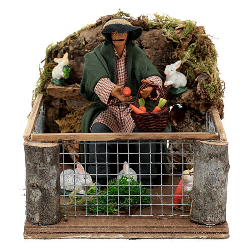 Man with rabbit enclosure 12 cm Neapolitan nativity scene ANIMATED 1