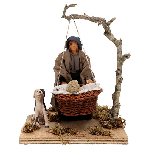 Mother swinging baby basket 12cm ANIMATED Naples nativity scene 1