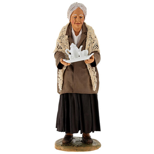 Old woman with tray and coffee for 30 cm Neapolitan Nativity Scene 25x10x10 cm 1