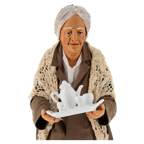 Mujer anciana con bandeja y café belén napolitano 30 cm 25x10x10 2