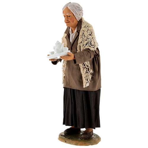 Mujer anciana con bandeja y café belén napolitano 30 cm 25x10x10 3