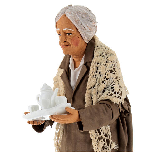 Mujer anciana con bandeja y café belén napolitano 30 cm 25x10x10 4