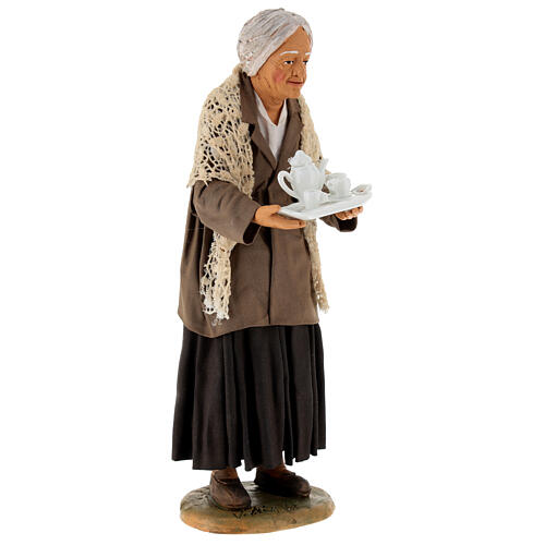 Mujer anciana con bandeja y café belén napolitano 30 cm 25x10x10 5