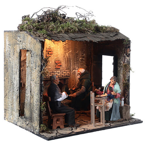 Scena karmienia dziecka z oświetlonym kominkiem – szopka neapolitańska 30 cm, 60×50×40 cm 5