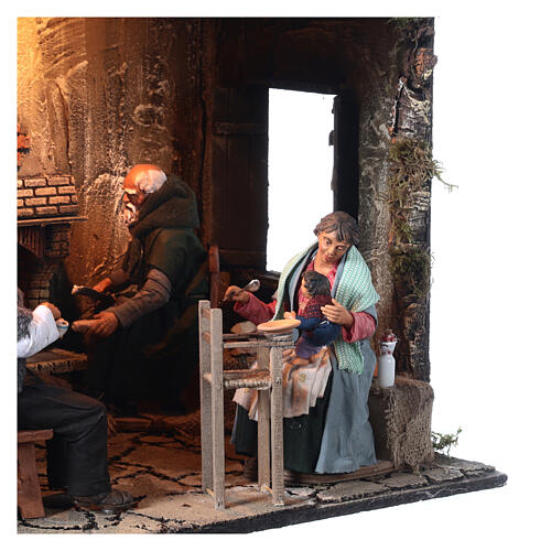 Scena karmienia dziecka z oświetlonym kominkiem – szopka neapolitańska 30 cm, 60×50×40 cm 6