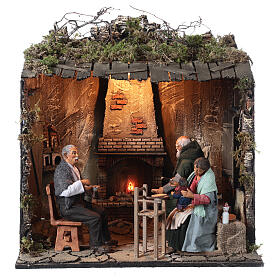 Feeding baby scene with lighted fireplace, 30 cm nativity scene 60x50x40