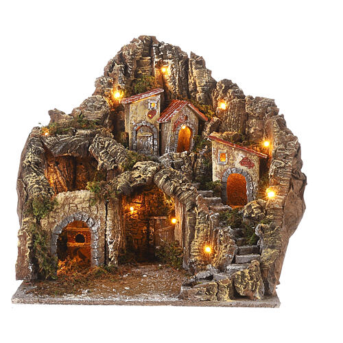 Lighted Nativity village 40x50x40 cm wood cork oven for statues 8 cm 1