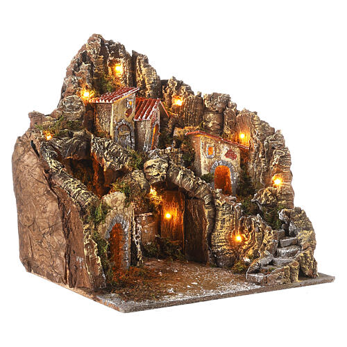 Lighted Nativity village 40x50x40 cm wood cork oven for statues 8 cm 3