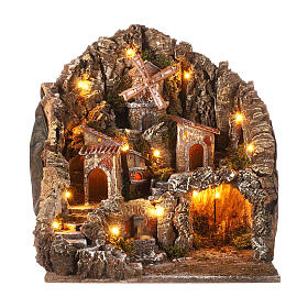 Rustic Nativity setting with oven, brook and mill 45x40x50 cm for 8 cm characters