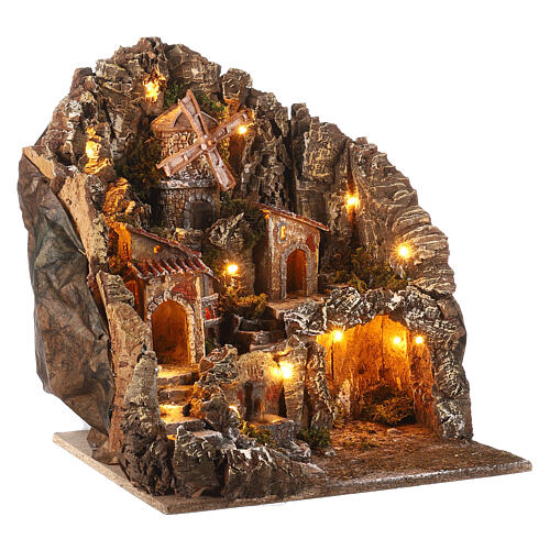 Presepe illuminato 45x40x50 cm forno ruscello mulino per statue 8 cm 3