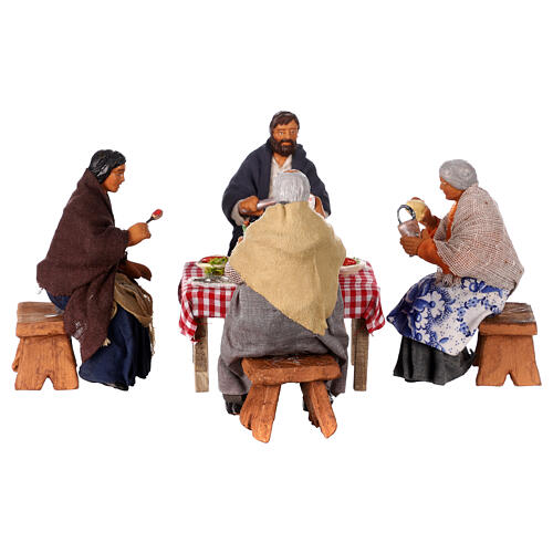 Figuren-Set, 4-teilig, am Tisch sitzende Personen, neapolitanischer Stil, für 13 cm Krippe 1