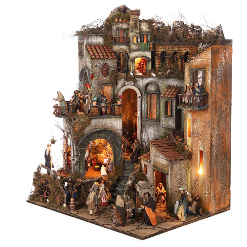 Otoczenie z iluminacją, scena Bożonarodzeniowa, wielopiętrowa wioska z fontanną 14 cm, 100x80x60 5