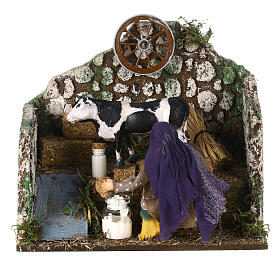 Woman milking a cow, 10 cm Neapolitan nativity scene, animated 15x20x20 cm