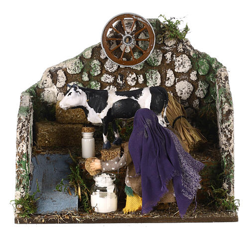 Woman milking a cow, 10 cm Neapolitan nativity scene, animated 15x20x20 cm 1