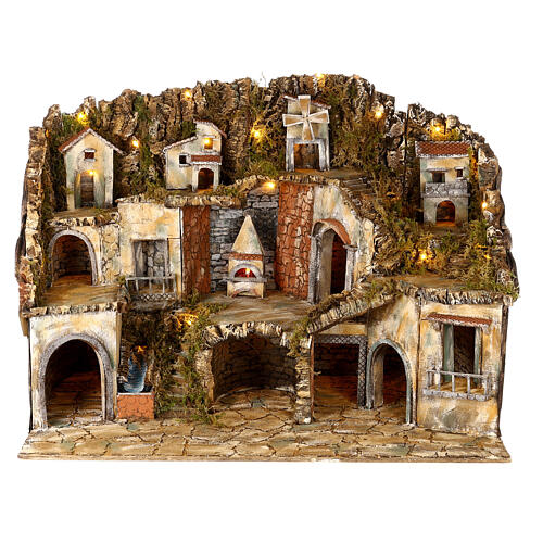 Village with mill and oven, 55x110x60 cm, 10-12 cm for Neapolitan Nativity Scene 1
