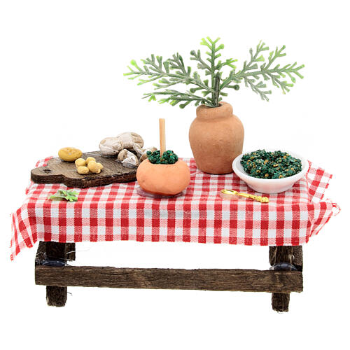 Tisch mit Utensilien für die Pestoherstellung, Krippenzubehör, neapolitanischer Stil, für 8 cm Krippe, 10x10x5 cm 1