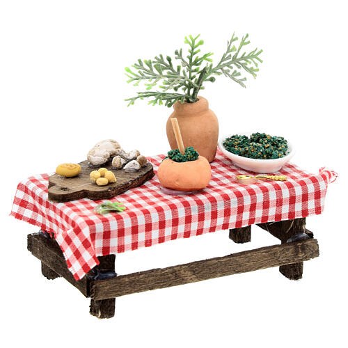 Tisch mit Utensilien für die Pestoherstellung, Krippenzubehör, neapolitanischer Stil, für 8 cm Krippe, 10x10x5 cm 3