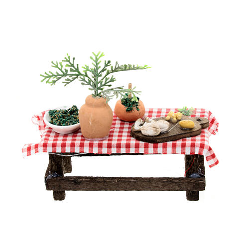 Tisch mit Utensilien für die Pestoherstellung, Krippenzubehör, neapolitanischer Stil, für 8 cm Krippe, 10x10x5 cm 5