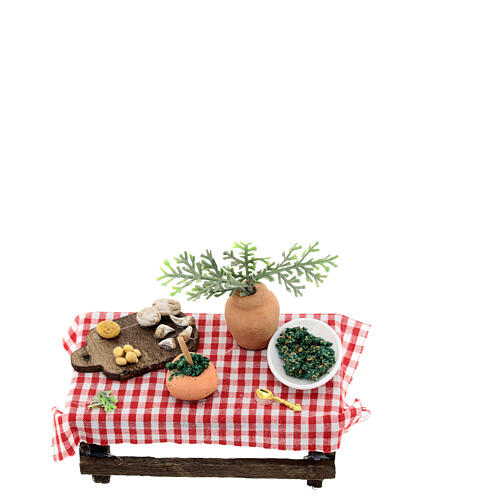 Tisch mit Utensilien für die Pestoherstellung, Krippenzubehör, neapolitanischer Stil, für 8 cm Krippe, 10x10x5 cm 6