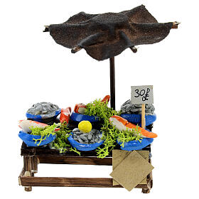 Fisch-Verkaufsstand mit Sonnenschutz, Krippenzubehör, neapolitanischer Stil, für 10 cm Krippe, 10x10x5 cm