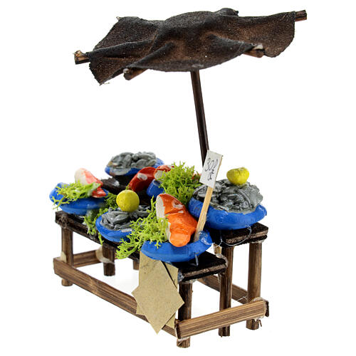 Fisch-Verkaufsstand mit Sonnenschutz, Krippenzubehör, neapolitanischer Stil, für 10 cm Krippe, 10x10x5 cm 2
