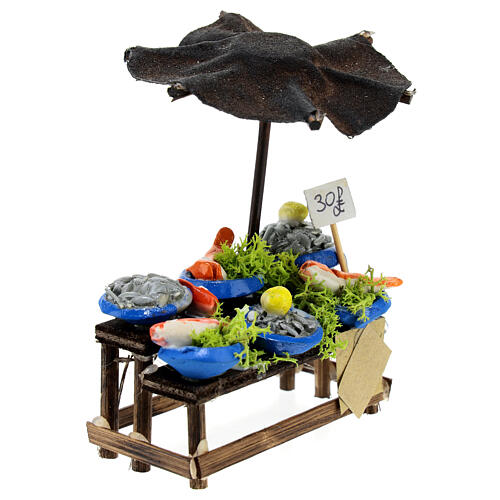 Fisch-Verkaufsstand mit Sonnenschutz, Krippenzubehör, neapolitanischer Stil, für 10 cm Krippe, 10x10x5 cm 3