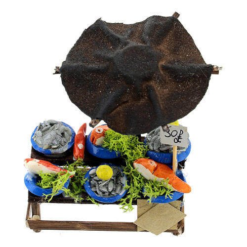 Fisch-Verkaufsstand mit Sonnenschutz, Krippenzubehör, neapolitanischer Stil, für 10 cm Krippe, 10x10x5 cm 4