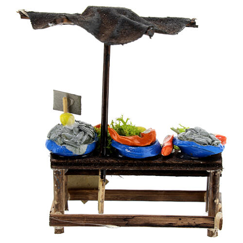 Fisch-Verkaufsstand mit Sonnenschutz, Krippenzubehör, neapolitanischer Stil, für 10 cm Krippe, 10x10x5 cm 5