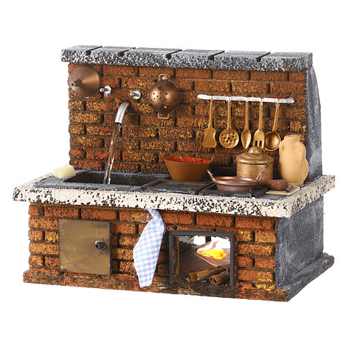 Cucina sughero con fontana e fuoco 15x20x15 cm presepe napoletano 8 cm 2