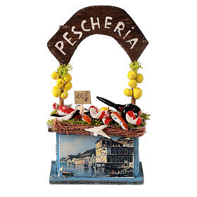 Błękitny stragan rybny do szopki neapolitańskiej, 15x10x5 cm, z drewna, do figurek 8-10 cm