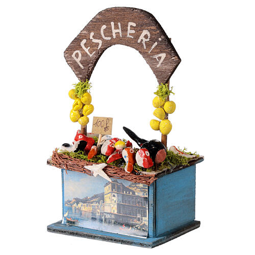 Błękitny stragan rybny do szopki neapolitańskiej, 15x10x5 cm, z drewna, do figurek 8-10 cm 2