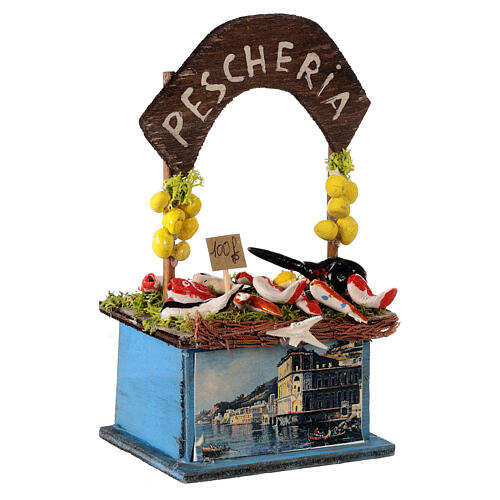 Błękitny stragan rybny do szopki neapolitańskiej, 15x10x5 cm, z drewna, do figurek 8-10 cm 3