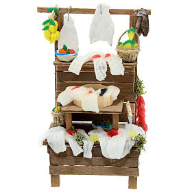 Duże drewniane stoisko, z kawałkami dorsza z wosku - 15x10x5 cm, do szopki 8 cm