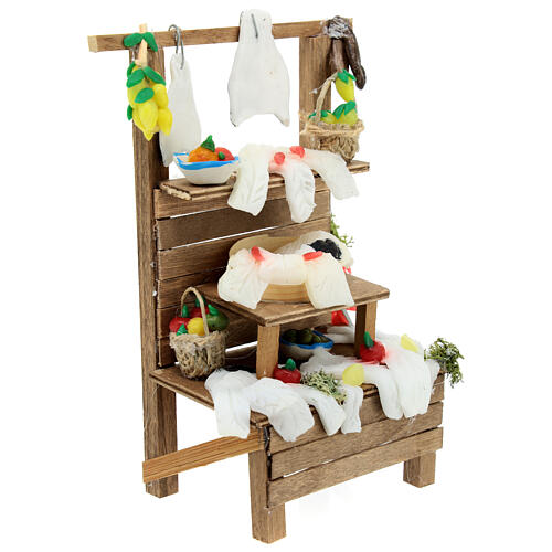 Duże drewniane stoisko, z kawałkami dorsza z wosku - 15x10x5 cm, do szopki 8 cm 3