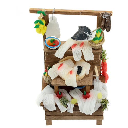 Duże drewniane stoisko, z kawałkami dorsza z wosku - 15x10x5 cm, do szopki 8 cm 4